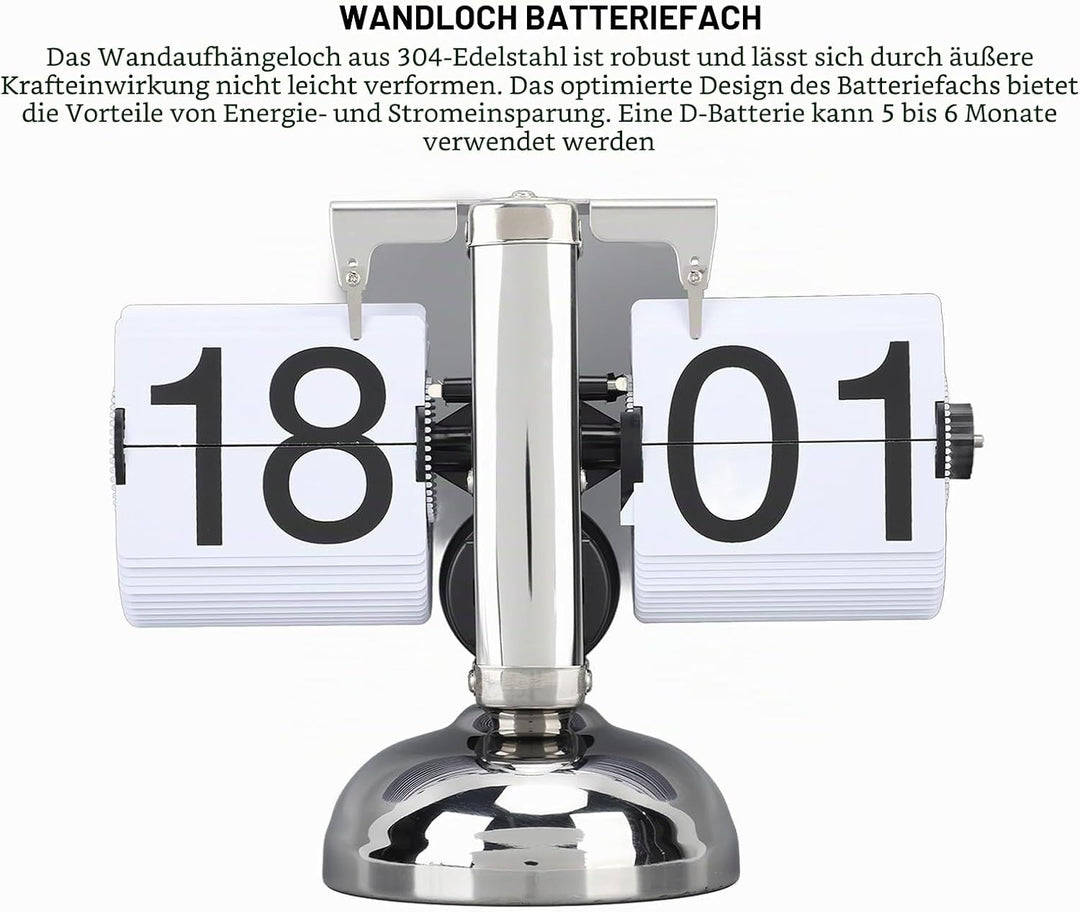Flip-Uhr, grosse Zahlen, batteriebetrieben, 304 Edelstahl, Tischplatte, Retro-Flip-Uhr für Zuhause,