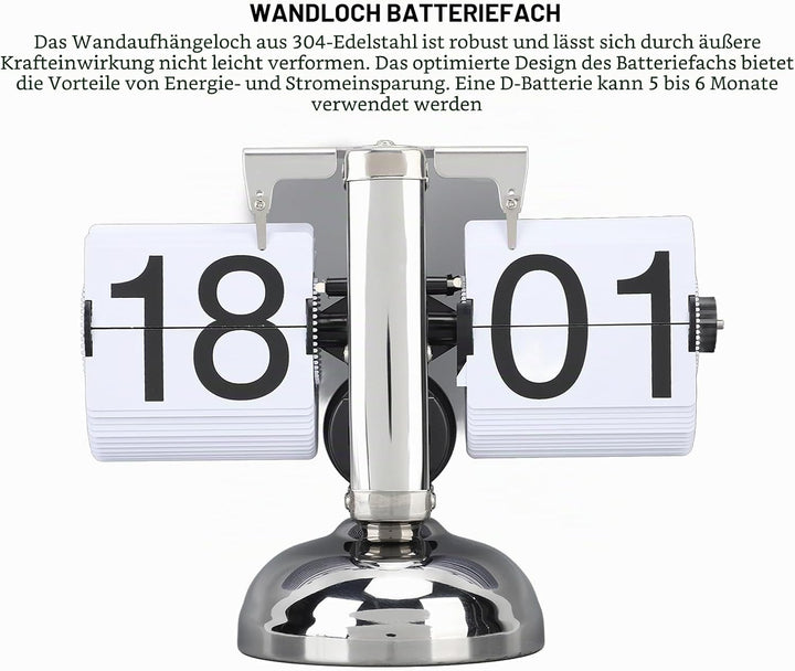 Flip-Uhr, grosse Zahlen, batteriebetrieben, 304 Edelstahl, Tischplatte, Retro-Flip-Uhr für Zuhause,