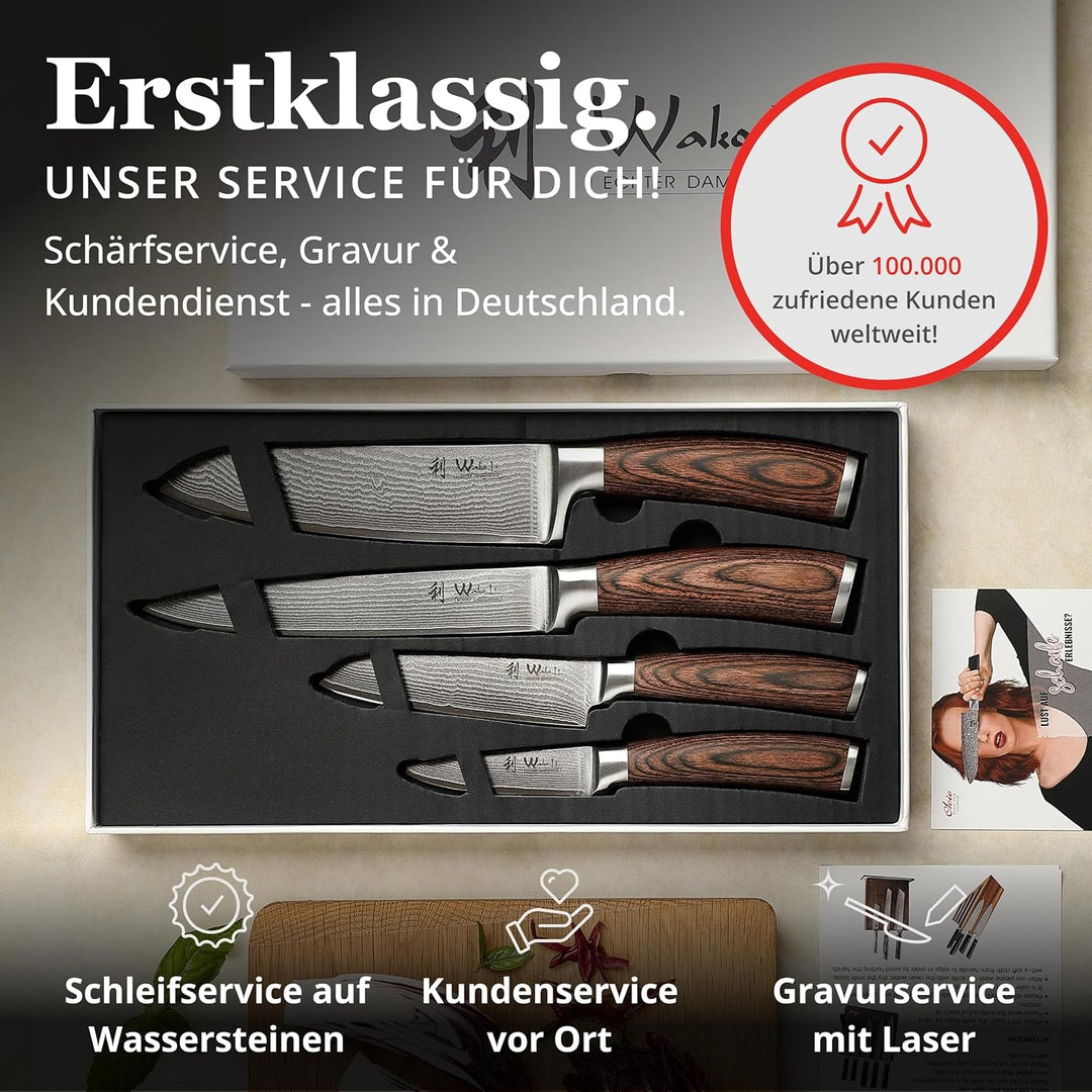 Wakoli 4er Damastmesser-Set mit Klingenlängen von 8,50cm bis 18cm extrem scharf aus 67 Lagen I Profi