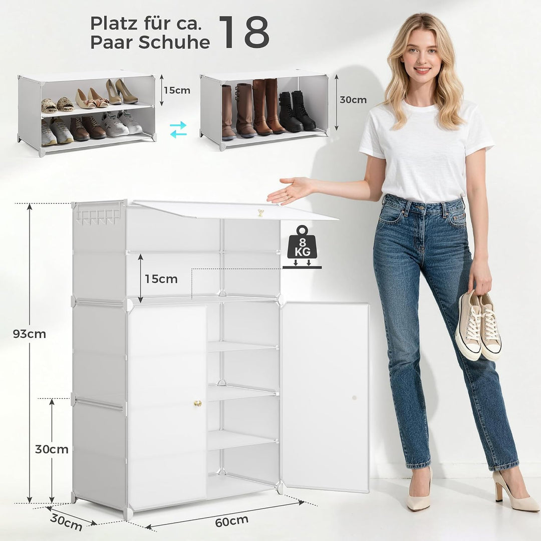 Mondeer Schuhregal, Schuhschrank 6 Ebenen mit Türen, Kunststoff Aufbewahrungsschrank mit Verstellbar