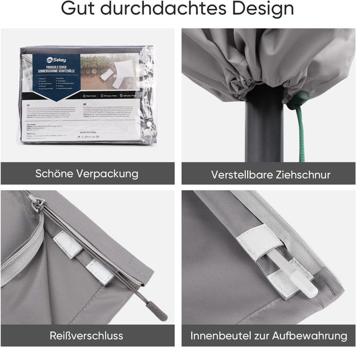 Sekey Sonnenschirm Schutzhülle mit Stab, Abdeckhauben für Ø 300 cm Gartenschirm mit Belüftungsöffnun