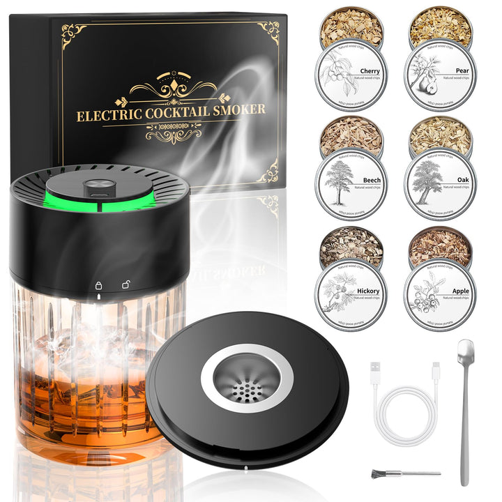 iDiskk Electric Cocktail Smoker Kit, wiederaufladbare Whiskey Smoker, Built-in Feuerzeug, 6 Holzspän