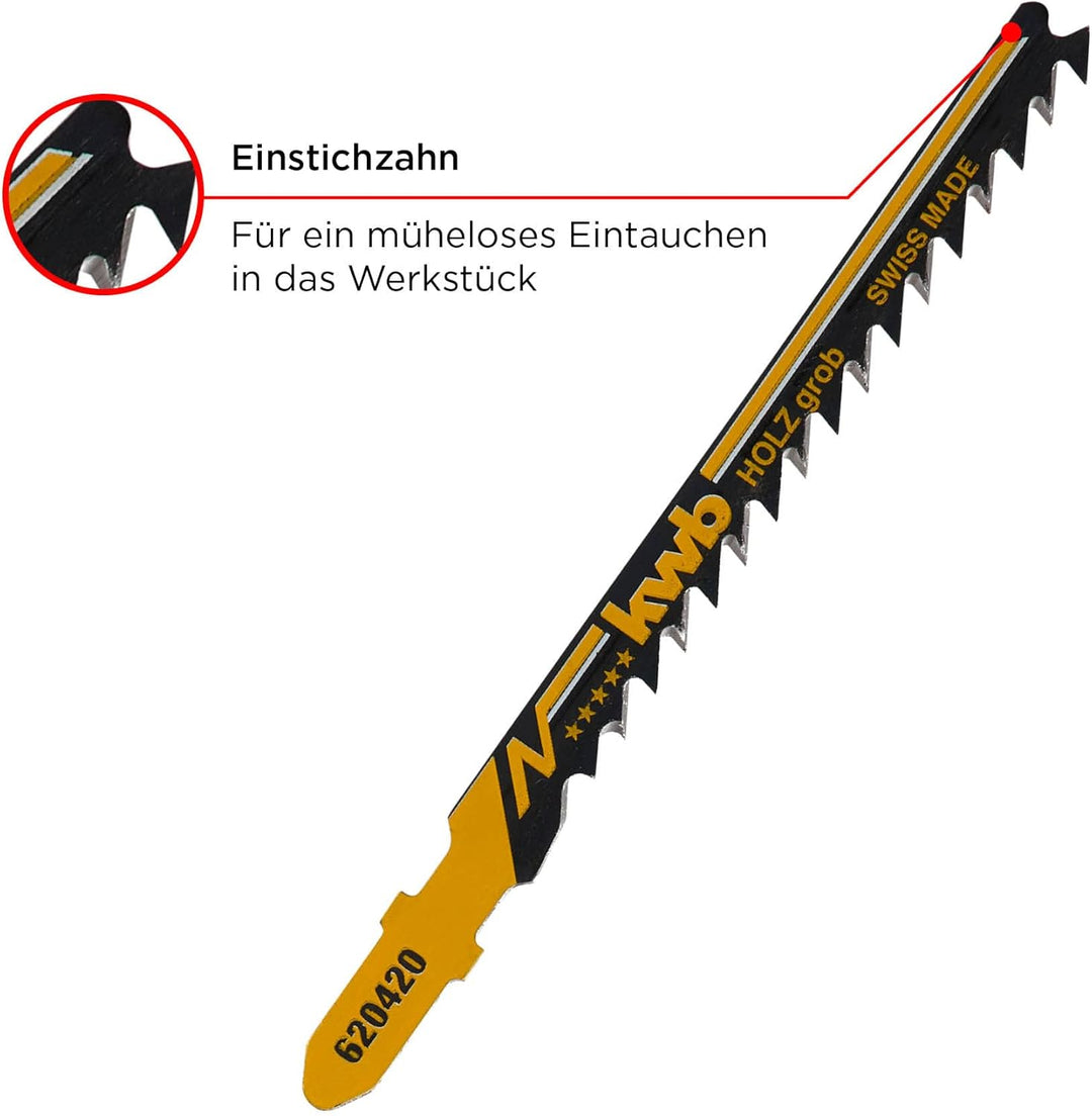 kwb Stichsägeblätter für Holz aus flexiblem HCS-Stahl mit Einnockenschaft (T-Schaft), Einstichzahn,