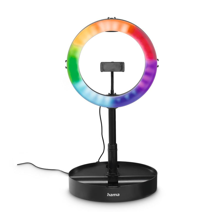 Hama LED RGB Ringlicht mit Stativ Handy faltbar 10,2“ Ringleuchte, 26,5 cm Durchmesser, Tisch Stativ