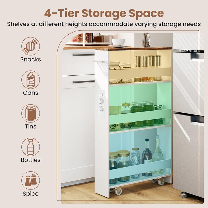 GIANTEX Nischenregal 13cm breit, Nischenschrank Nischenwagen mit Ladestation, Küchenregal auf Rollen