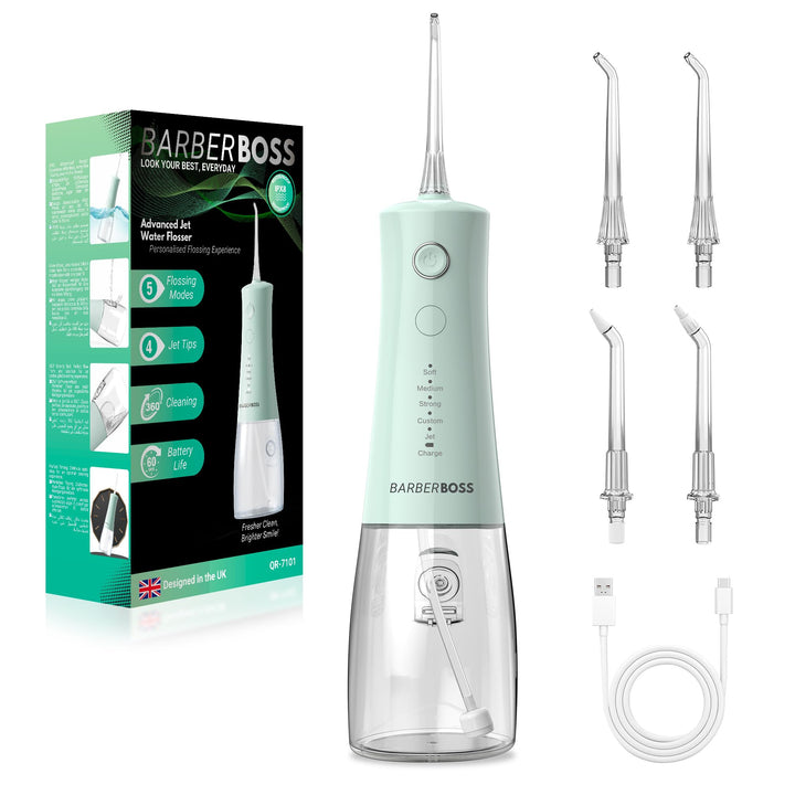 BarberBoss Munddusche Kabellos, elektrische Zahnseide mit 5 Druckmodi, IPX8 wasserdicht, tragbare Mu