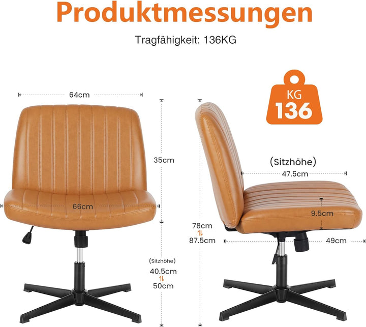 Sweetcrispy Bürostuhl Ohne Armlehnen, Schreibtischstuhl mit PU-Leder, Lesesessel mit Breiterem Polst