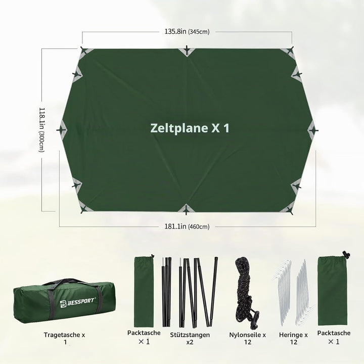 Bessport Tarp, Zeltplane Wasserdicht, 3x4.6m Mit Stützstange, Erdnägeln und Nylonschnur, Ultraleicht