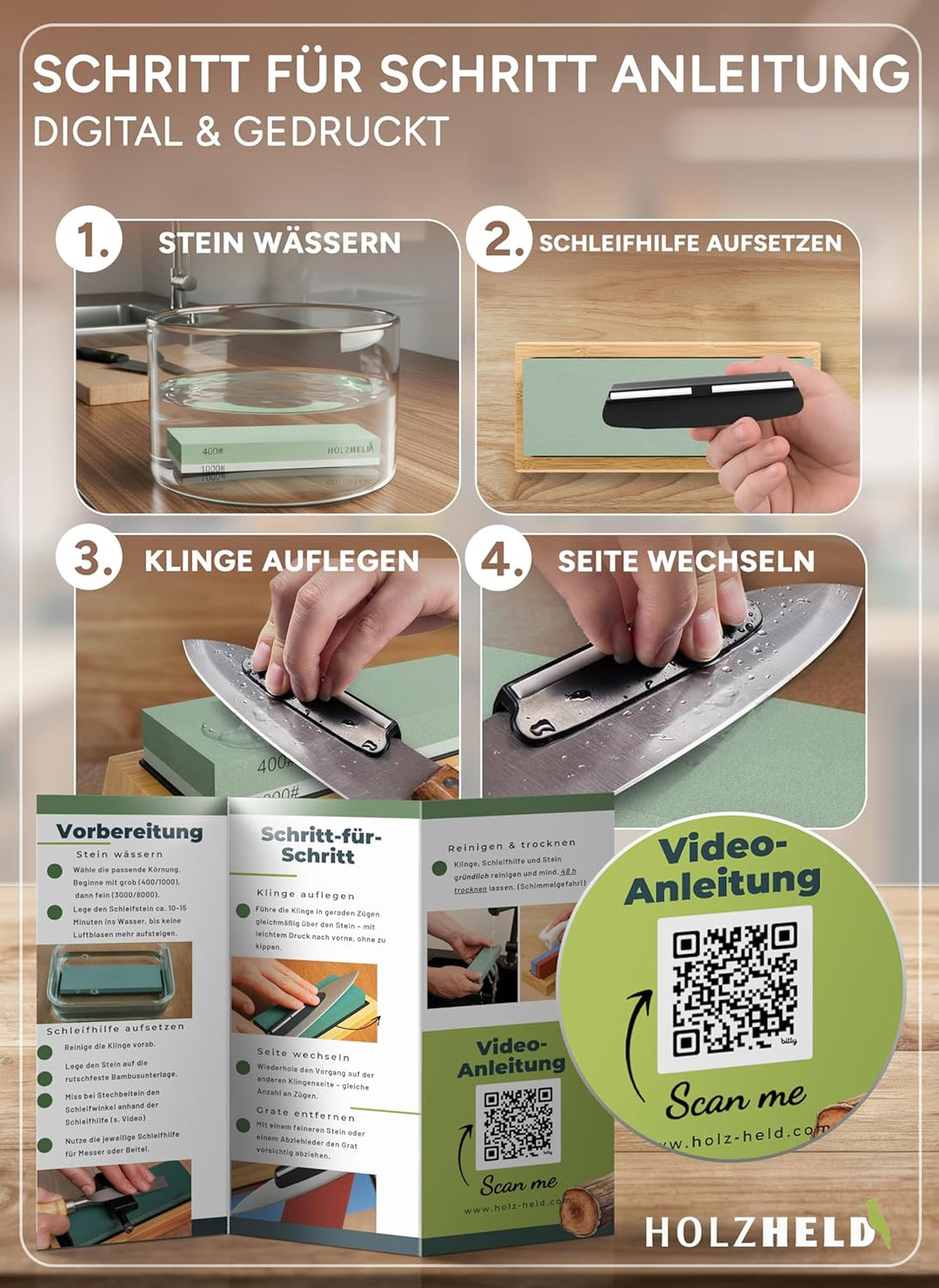 Schleifstein - Schärfen von Messer, Werkzeug und Stechbeitel inkl. Schleifhilfe - Profi Messerschlei