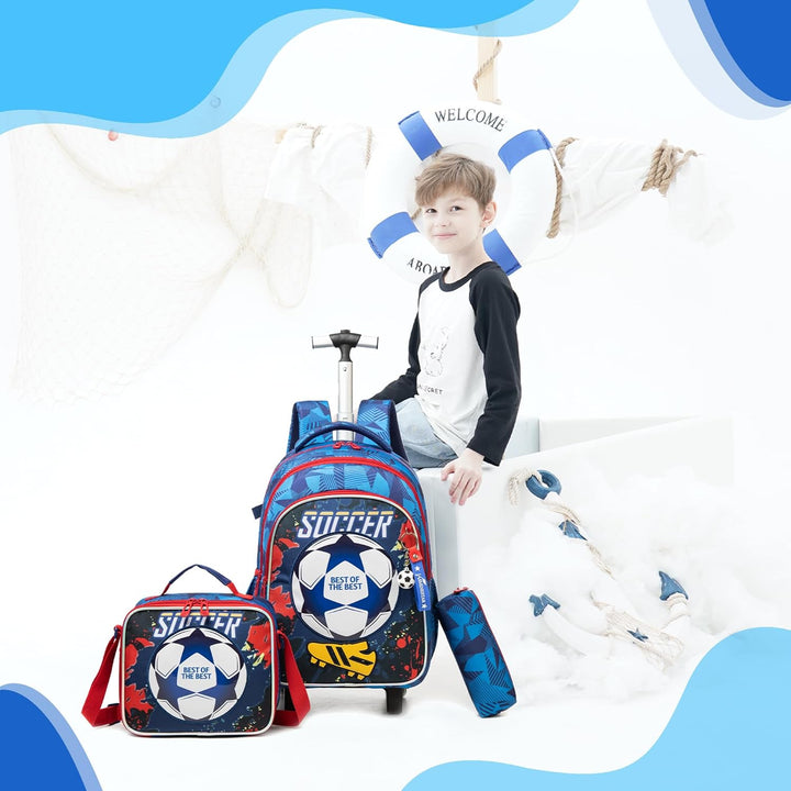 HTgroce Schulranzen mit Rollen, Rucksack mit Trolley für Kinder, für Schule, Reisen, Blau Fu&#xDF;ba