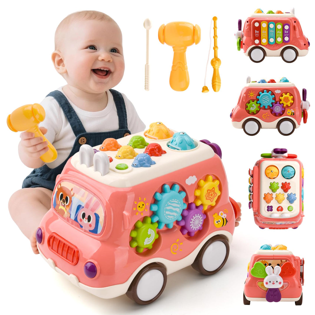 Baby Spielzeug ab 1 Jahr, Musikalischer Bus Kinderspielzeug mit Xylophon,Hammerspiel, Montessori Mus