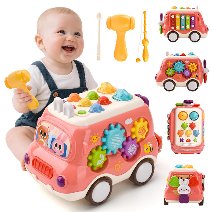 Baby Spielzeug ab 1 Jahr, Musikalischer Bus Kinderspielzeug mit Xylophon,Hammerspiel, Montessori Mus