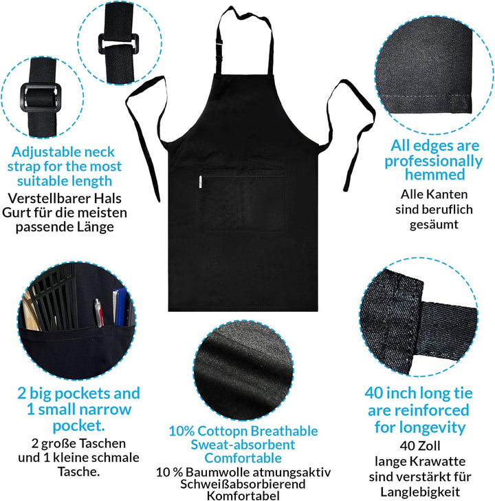 LEFUNDA® Kochschürze Wasserdicht Schürze mit 3 Taschen Verstellbare Grillschürze mit langen Bändern