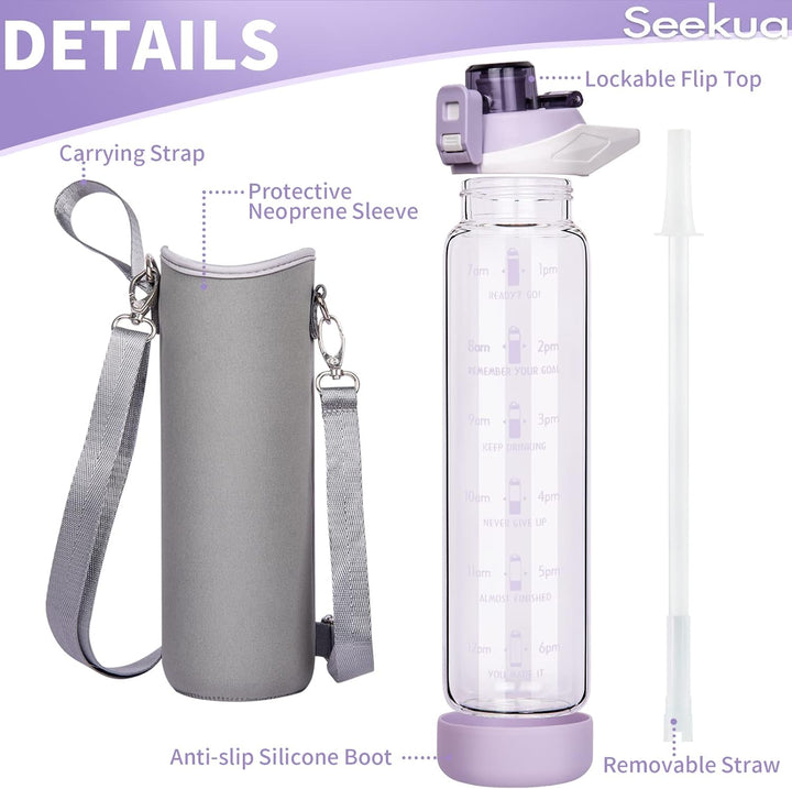 Seekua 1l Sport Trinkflasche Glas Flasche mit Strohhalm & Zeitmarkierung auslaufsicher bpa frei 1 li