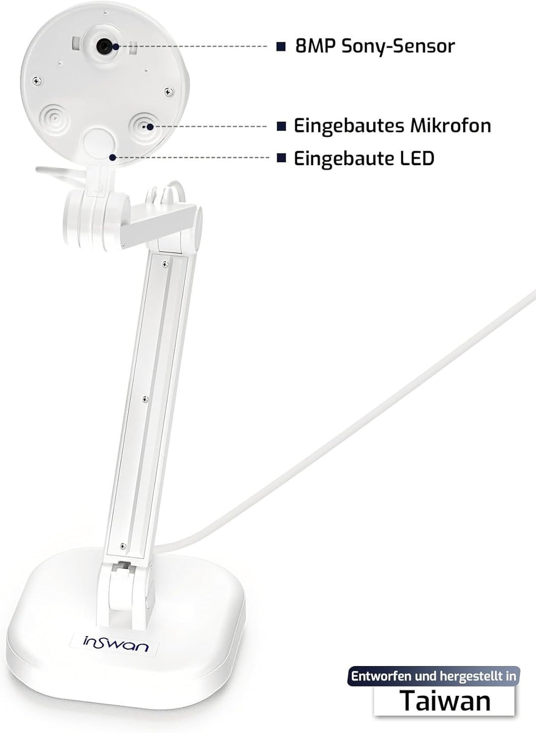 INSWAN INS-1 8MP Hochauflösende USB Dokumentenkamera und Visualizer - Autofokus, LED-Licht & Mikrofo
