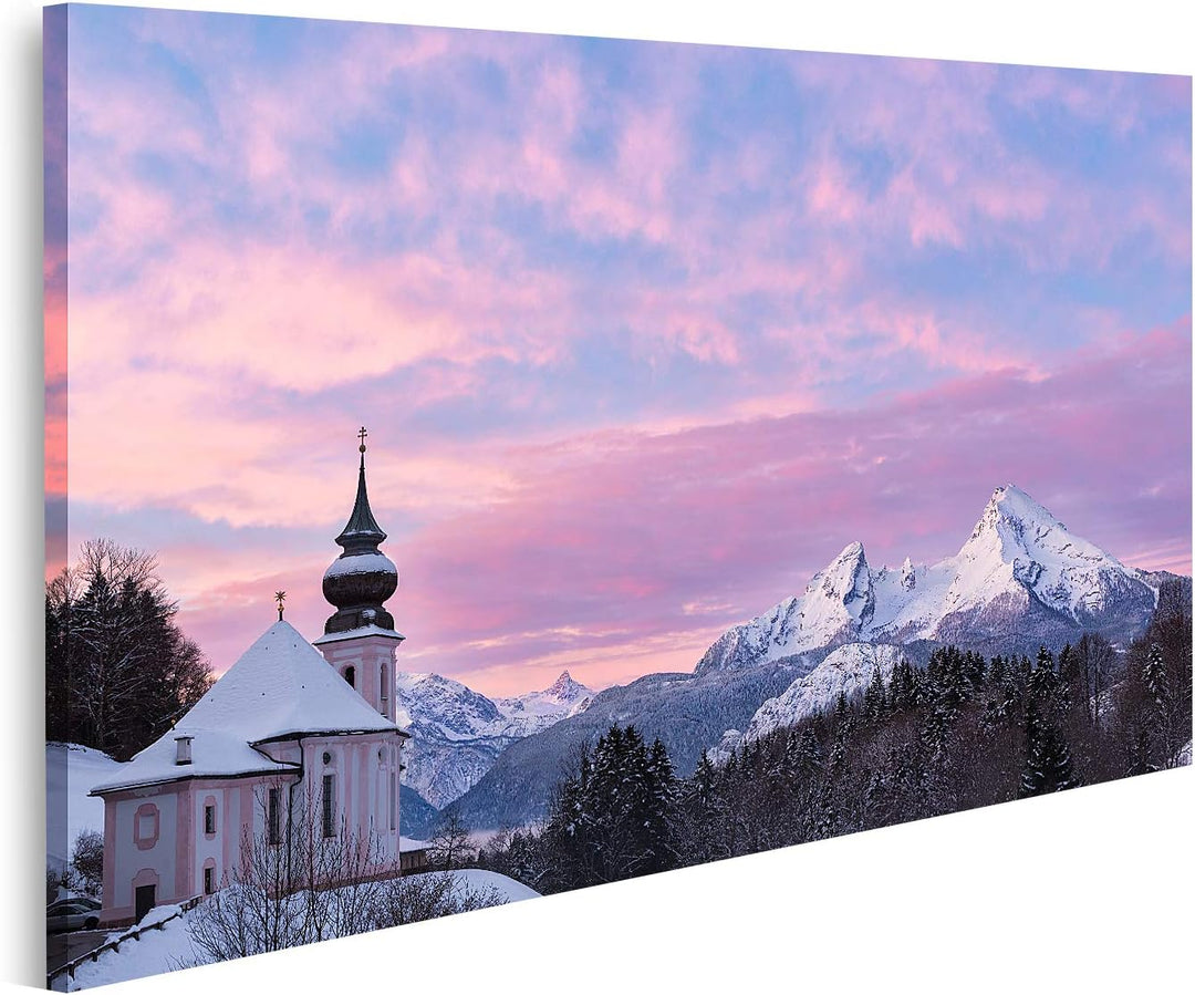 islandburner Bild auf Leinwand Watzmann Sonnenuntergang Kirche Bayern Berchtesgaden Deutschland Alpe