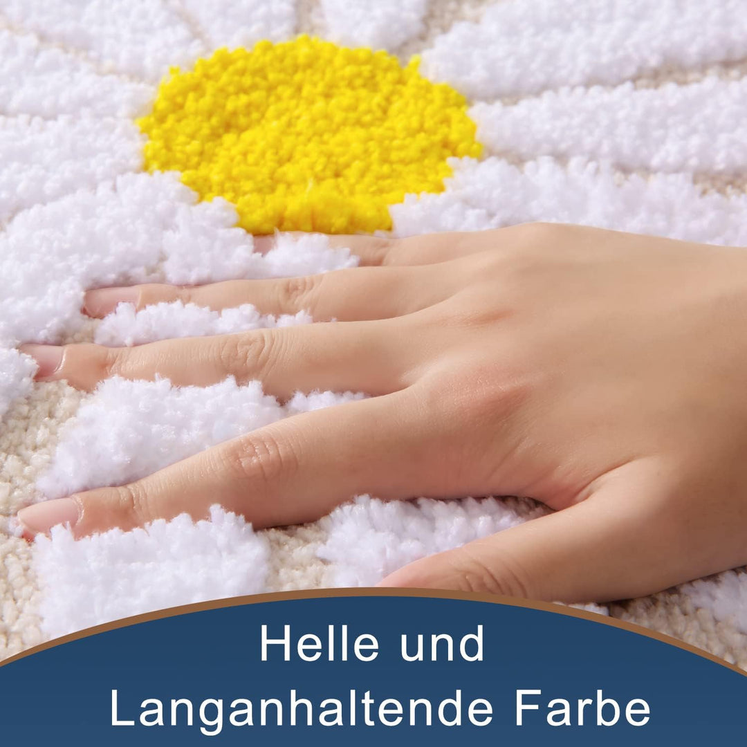 QJHOMO Beige Badezimmerteppich Niedliche Gänseblümchen Badematte rutschfest Waschbar Badteppich Weis