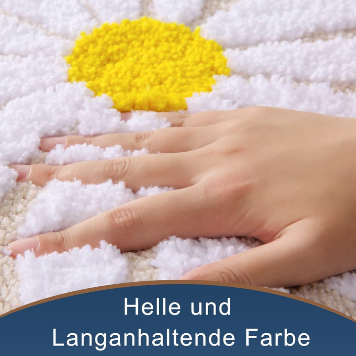 QJHOMO Beige Badezimmerteppich Niedliche Gänseblümchen Badematte rutschfest Waschbar Badteppich Weis