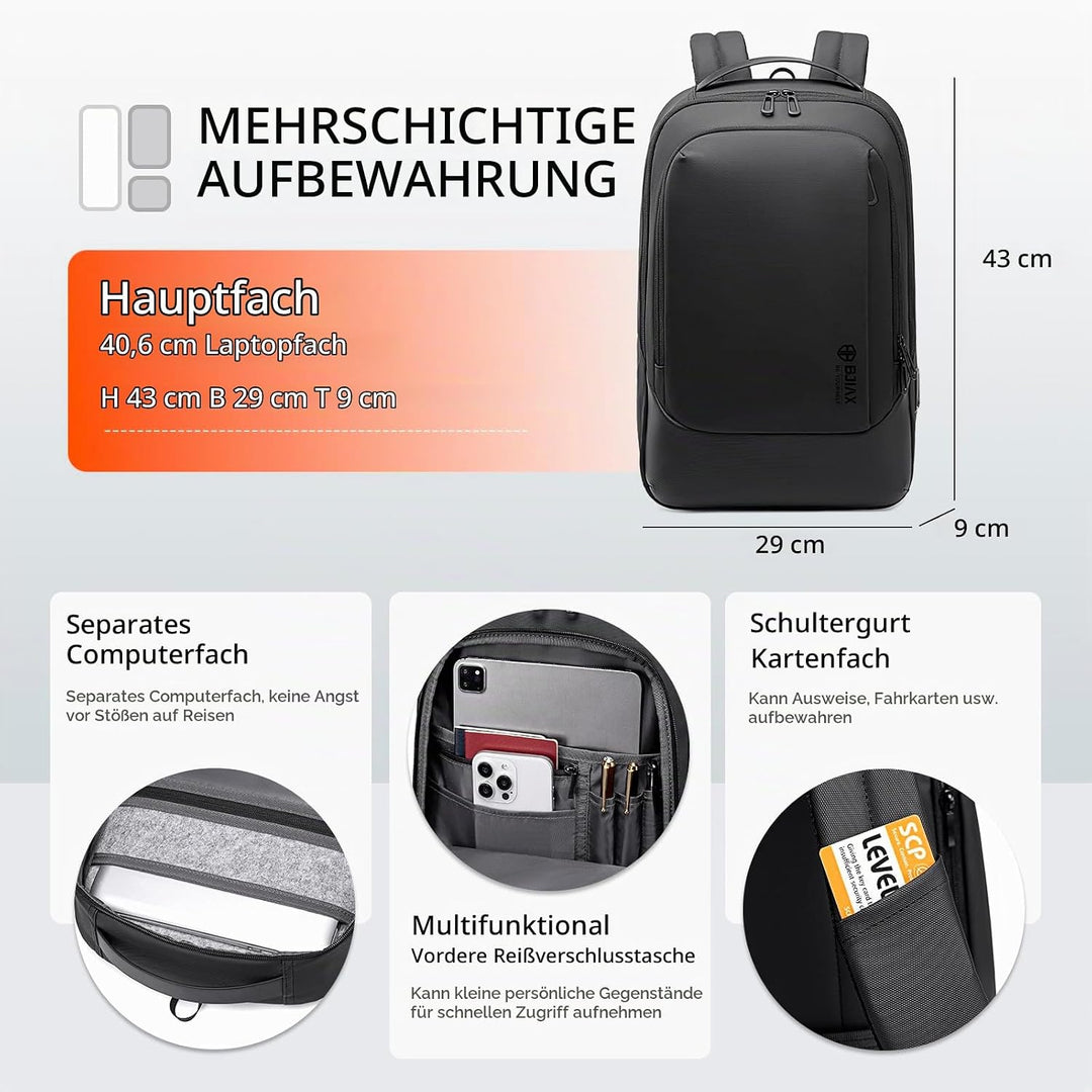 Laptop Business Rucksack Herren Mit 14-15 Zoll Laptopfach Mit USB-Ladeanschluss Diebstahlsicher Hand