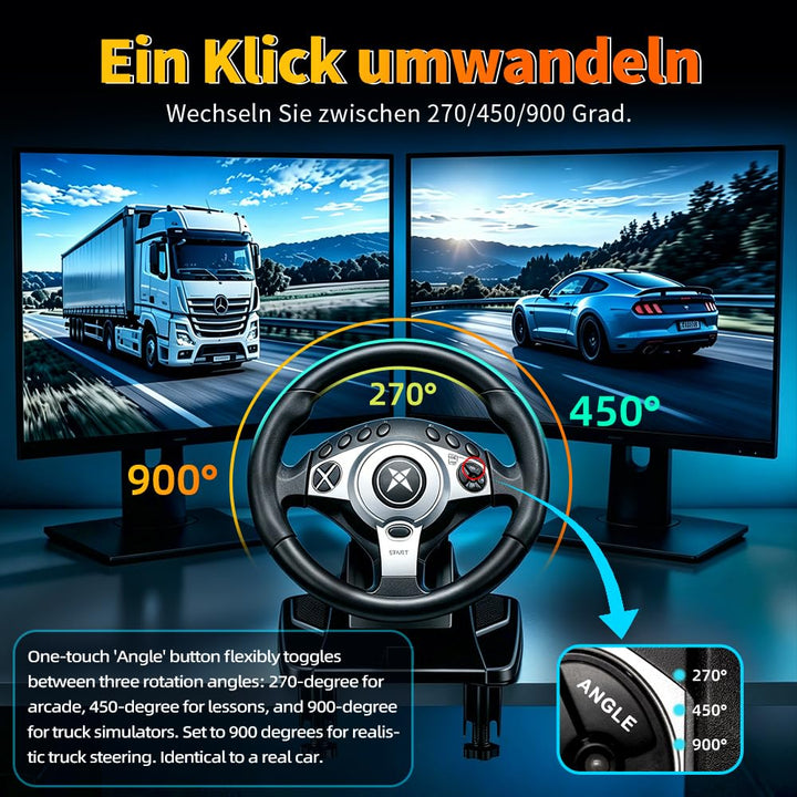 DOYO Rennrad mit 270/400°/900° Drehung, PC-Lenkrad mit Pedalen, Dual-Motor Vibration & Getriebeschal