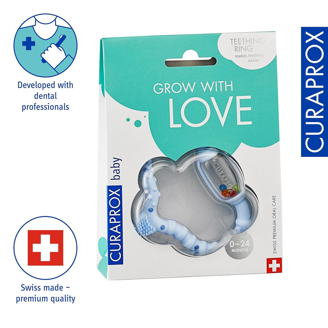 Curaprox Beissring für Babys blau, Baby Beissring mit Rassel, Baby Beissring mit Lernzahnbürste, Bei