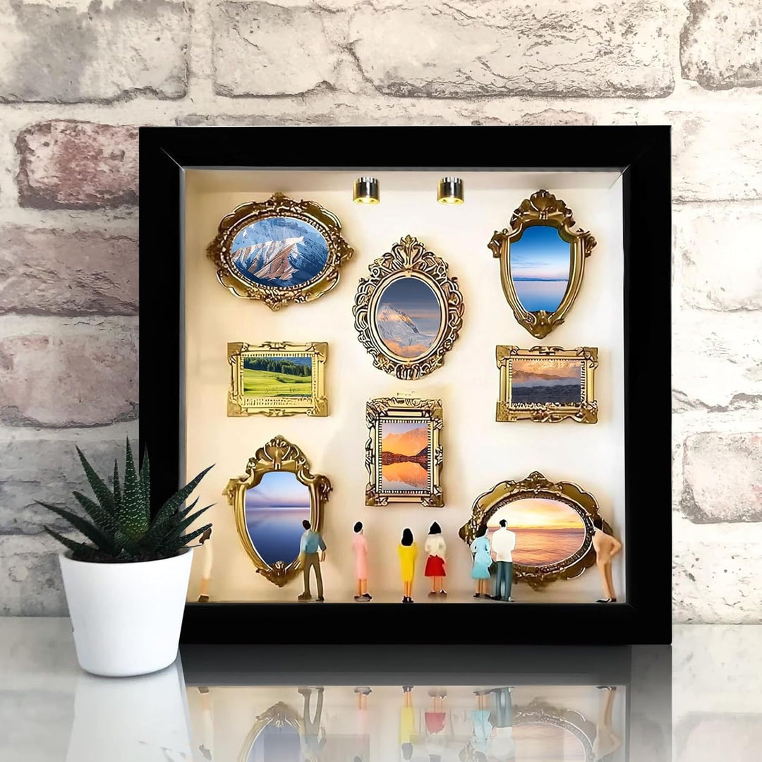 DIY Mini Museum Silhouette Box, Foto Erinnerungsanzeige Set mit 8 Mini Goldene Rahmen & 8 Zufällig F