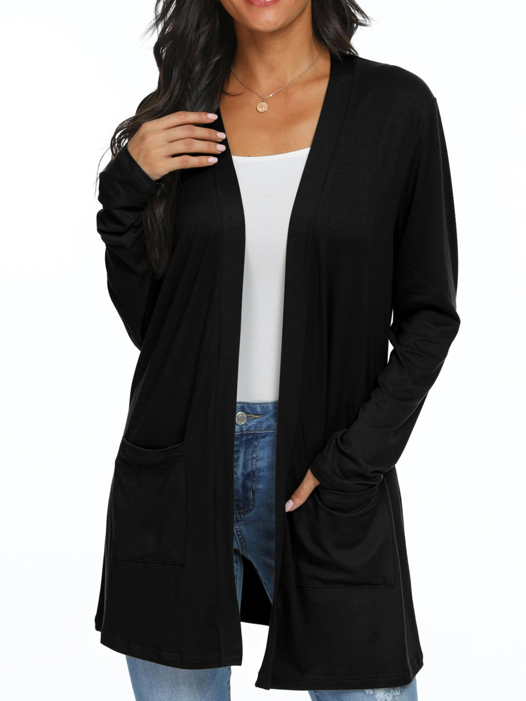 QIXING Casual Leichte Strickjacke Damen Lang Elegant Dünne Strickjacke Lange Ärmel mit Taschen Open