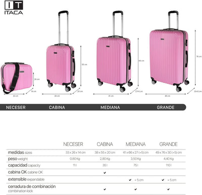 ITACA - 3er Kofferset Erweiterbar 55/66/76 cm ABS. 4 Rollen. Steif, widerstandsfähig und leicht. Hän