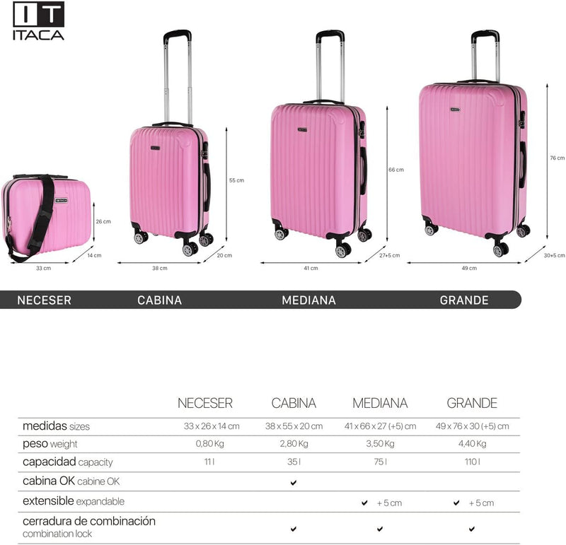 ITACA - 3er Kofferset Erweiterbar 55/66/76 cm ABS. 4 Rollen. Steif, widerstandsfähig und leicht. Hän