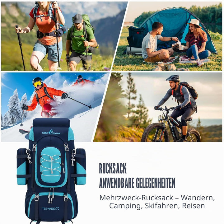 Bseash 70L (65+5) Wasserdichter Wanderrucksack mit Regenschutz, Outdoor-Sport, Reisen, Tagesrucksack