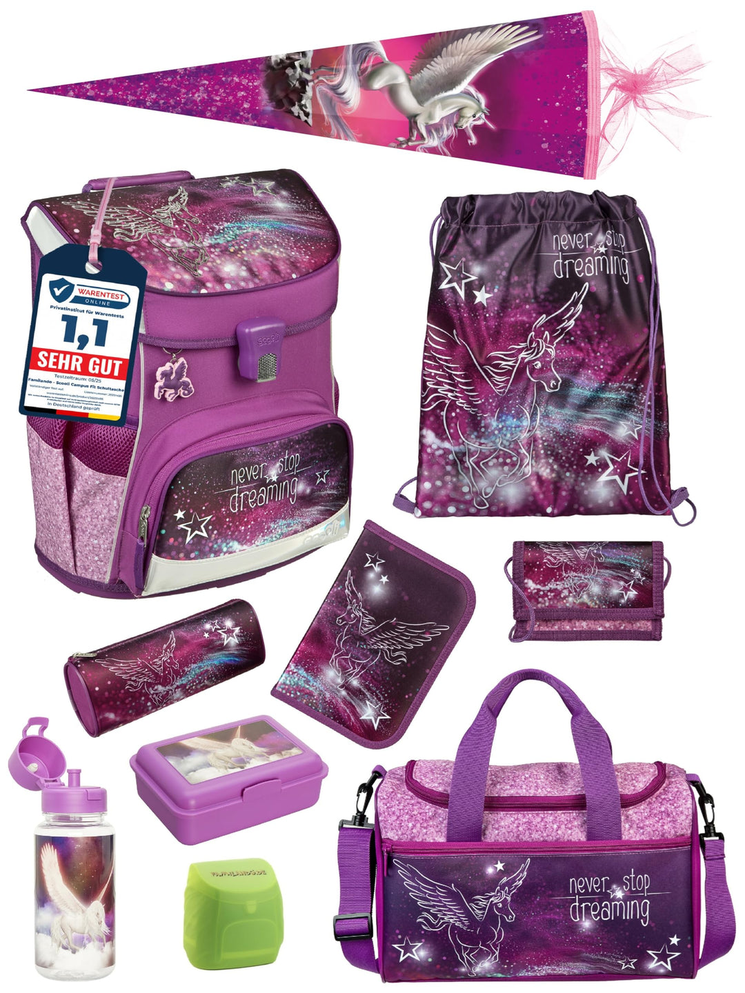 Familando - Scooli Campus Fit Schulranzen Set - 10-teilig mit Schultüte - Pegasus Violett - Ergonomi