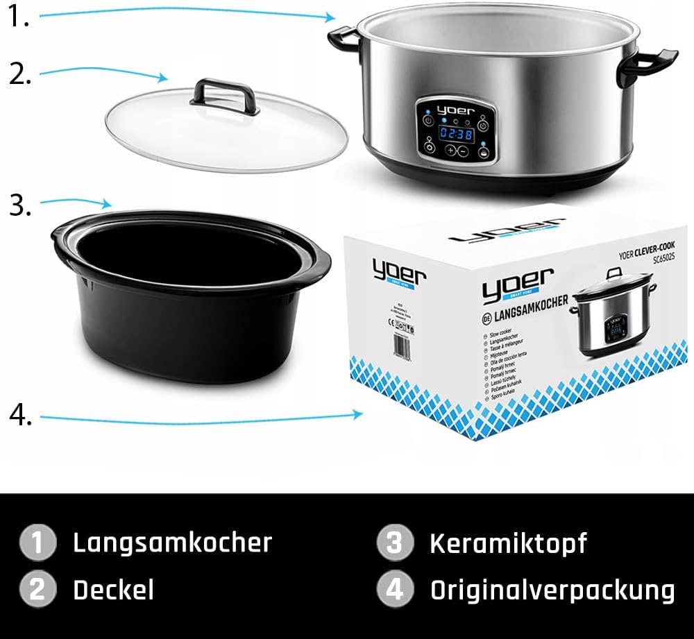 Yoer Clever-Cook SC6502S, Slow Cooker, 320W, 6,5L, Multifunktional, ECO, 16-Stunden-Timer, LCD-Displ