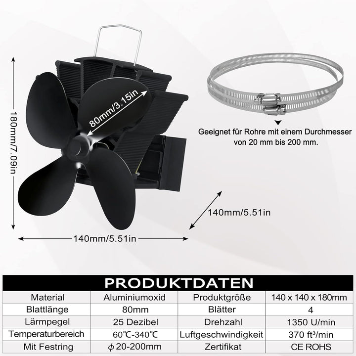 Kaminventilator 4 Flügel Ofenventilator Ohne Strom Ventilator Wärmebetrieben, mit Metall Kombigurt,