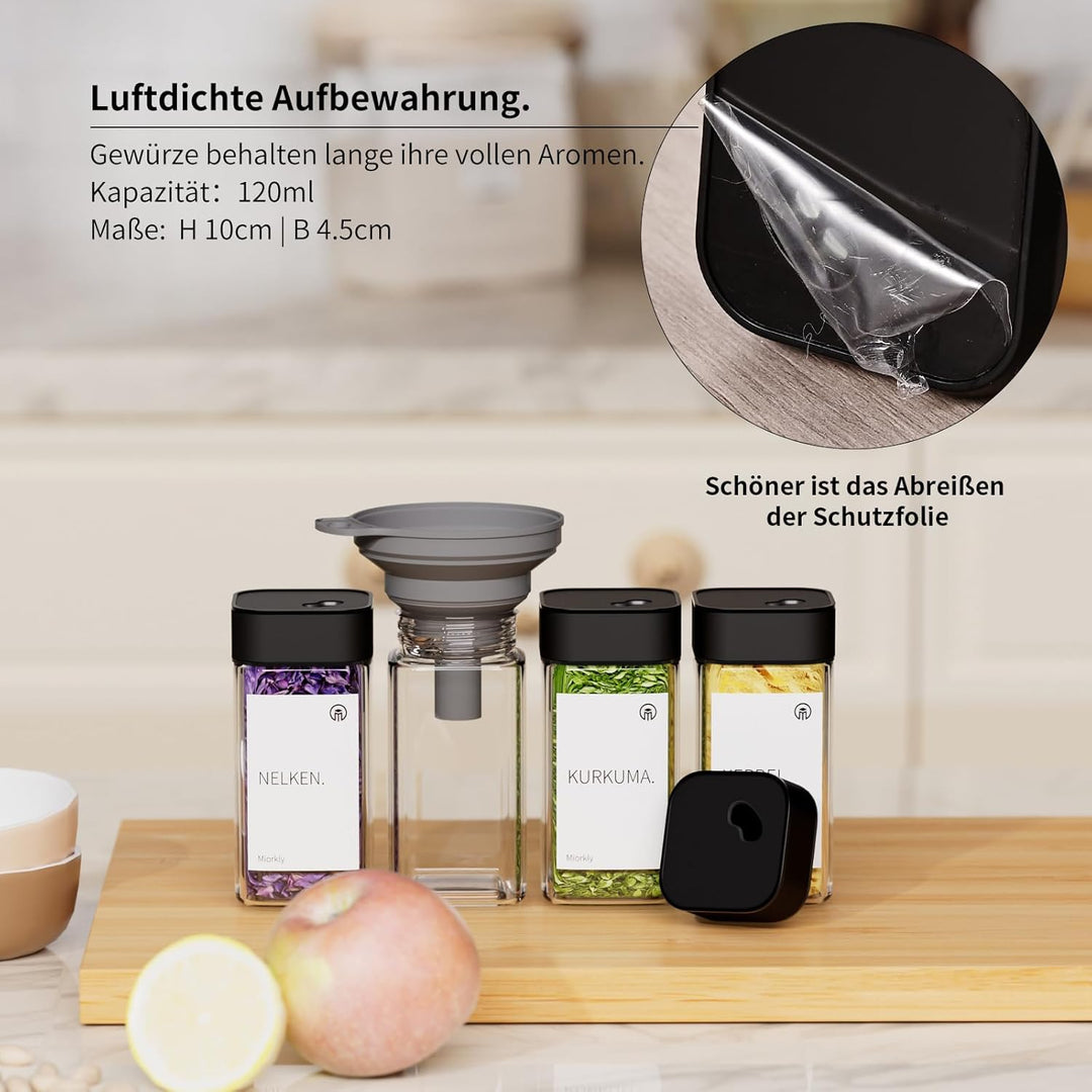 Miorkly Gewürzgläser Eckig - 6er Set mit Schwarz Edelstahl Drehdeckel, 120ML Gewürzstreuer Set mit S