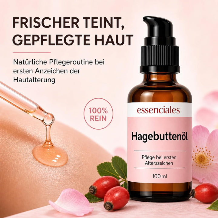 Essenciales Hagebuttenöl 100 ml | Wildrosenöl Pflegeöl für Gesicht & Körper | Kaltgepresst, Vegan |