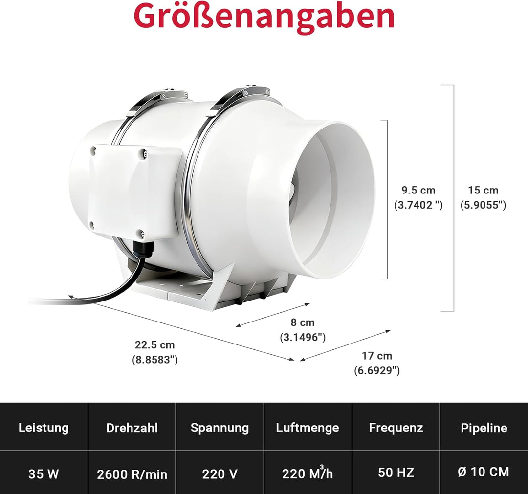 Rohrventilator 100mm, 220 m³/h, Rohrlüfter mit Stecker für Growzelt, Indoor, Gewächshaus, Hydrokultu