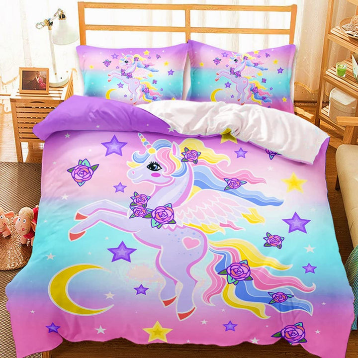 AOXHFNV Einhorn Mädchen Rosa Bettwäsche Set 135x200cm Süsser Einhorn-Stern-Mond-Muster Bettbezug Ein