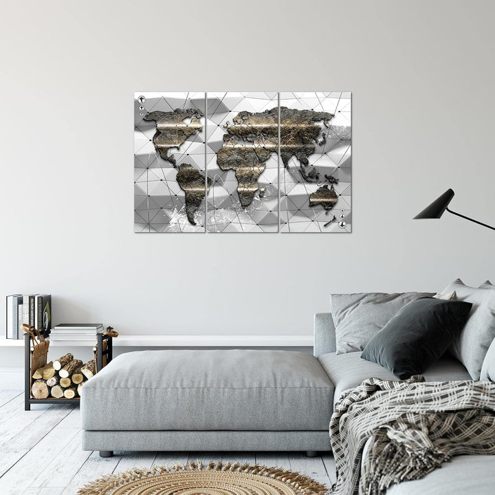 Runa Art Wandbilder Weltkarte Bild XXL Büro Wohnzimmer Grau 3D Effekt 120 x 80 cm 3 Teilig 005231c 1