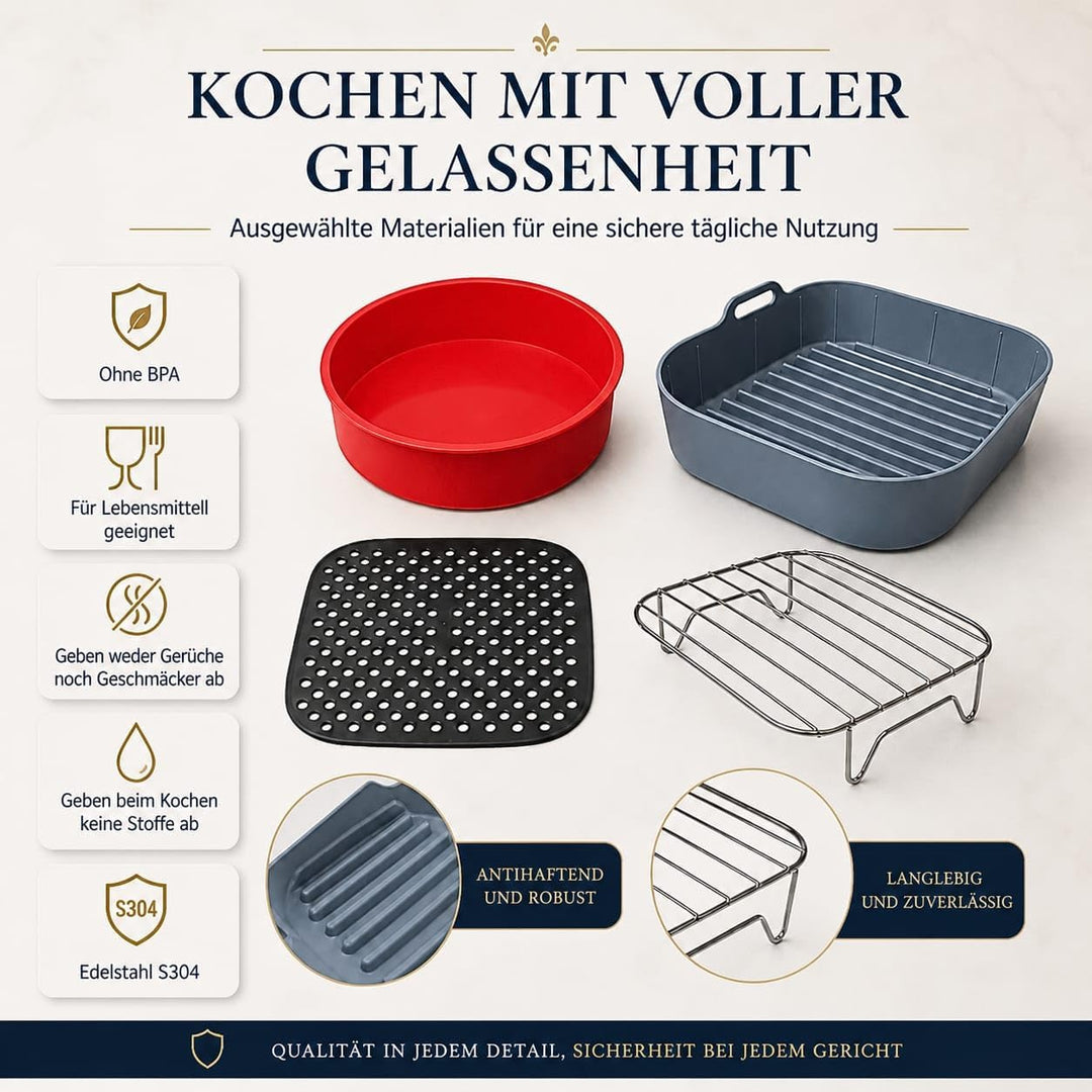 Airfryer zubehör: Silikonform 22 cm, Kuchenform 21,5 cm, Gitter für Heissluftfritteuse, und Silikonm