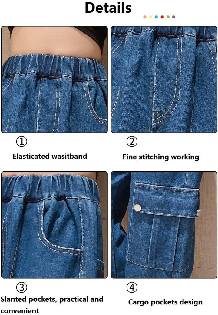 Rolanko Mädchen Jean Hosen Loch Denim Blau Jeans, Vintage Hose mit weitem Bein für Kinder Fit 6-7 Ja