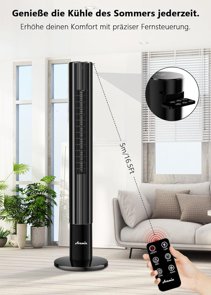 26dB Leiser Turmventilator, 110 cm Flügelloser Turmventilator, 7,8 m/s Luftstrom, 3 Geschwindigkeite