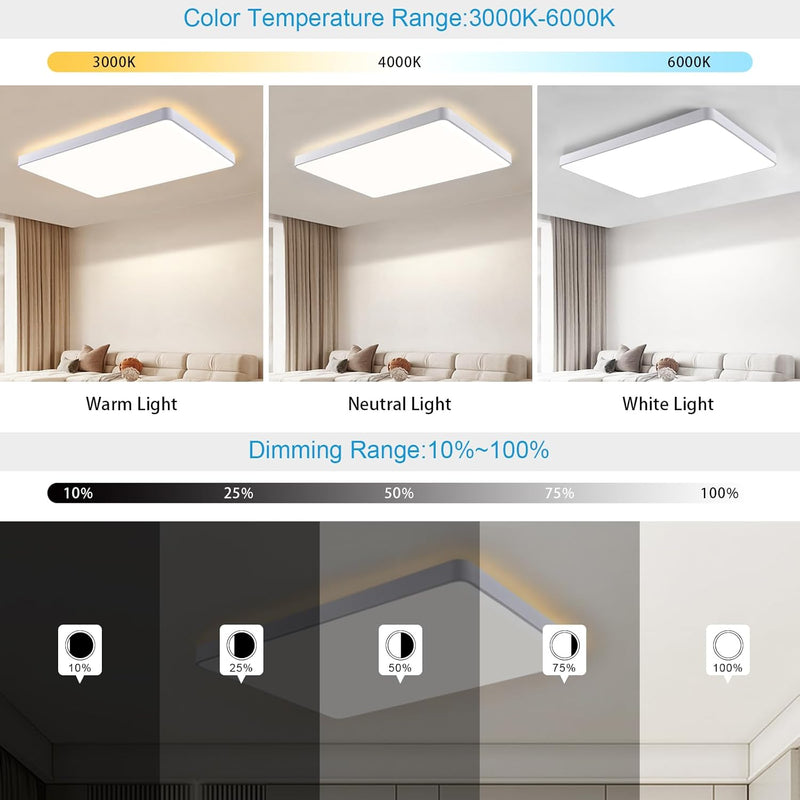 JDONG 90W LED Deckenleuchte Dimmbar 90x55CM Deckenlampe mit Fernbedienung 3000K-6500K Helligkeit ein