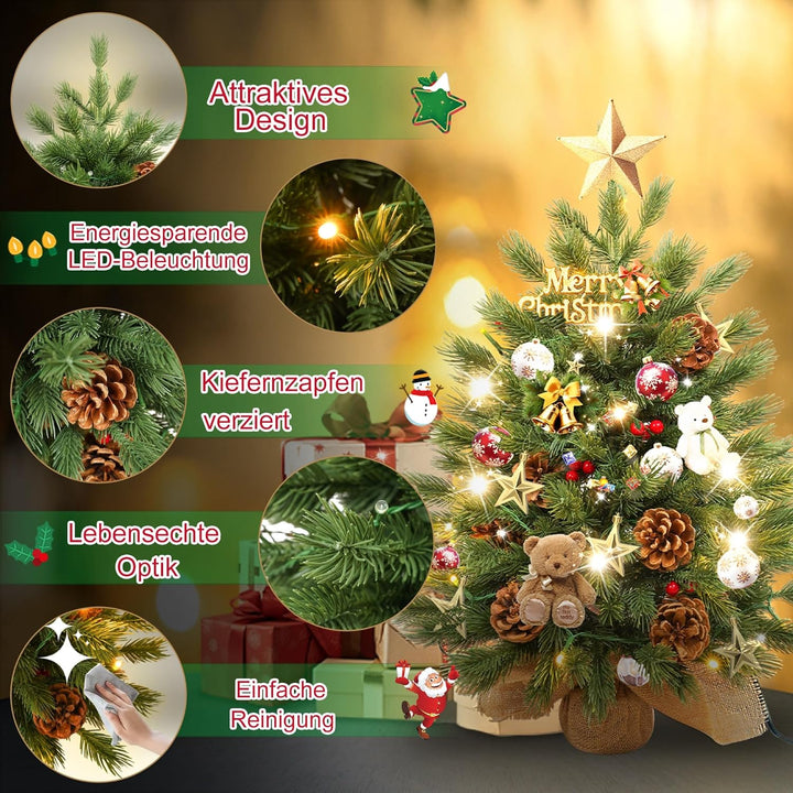 YRHome 60cm Mini Weihnachtsbaum künstlich klein Tischweihnachtsbaum Tannenbaum mit Beleuchtung künst