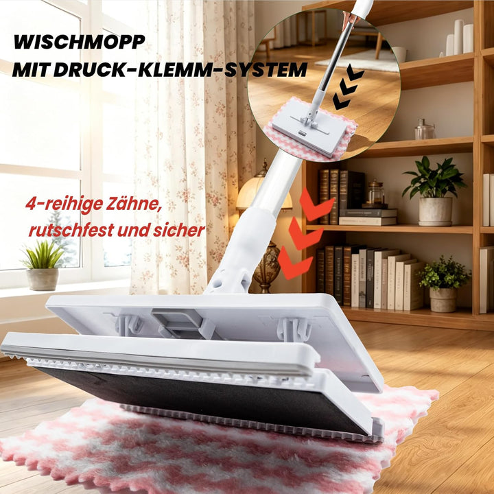Wischmopp Mini Mopp mit Druck Klemm System, Mini Mop mit Automatischem Tuchwechsel, Bodenwischer Set