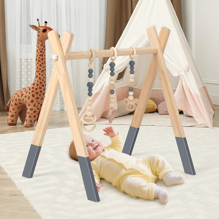 COSTWAY Baby Spielbogen Holz, Spieltrapez klappbar, Baby Gym mit 3 abnehmbaren Kinderspielzeugen, Sp