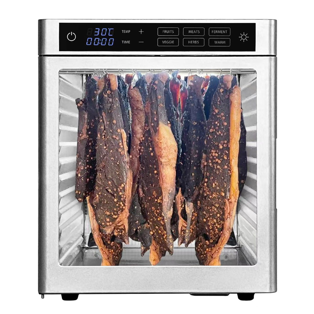 Dörrautomat Edelstahl mit 12 Edelstahlgitter - 800 W - 6 Voreinstellungen für Dörrgerät Dehydrator O