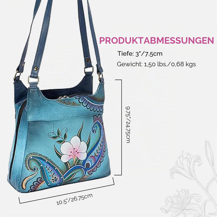 Anna by Anuschka Handbemaltes Original-Kunstwerk, echtes Leder – Tasche mit drei Fächern Denim Paisl
