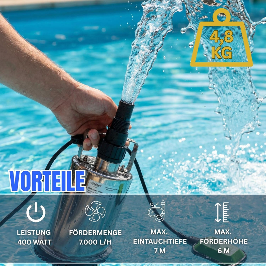 Flachsaugpumpe Edelstahl 750 Watt Kellerpumpe, Tauchpumpe, Poolpumpe