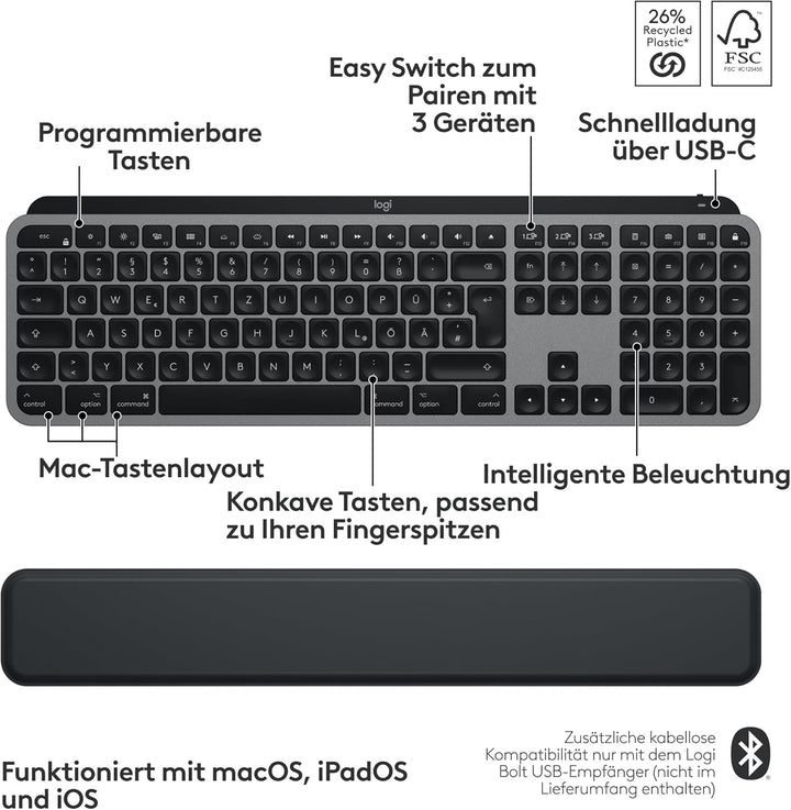 Logitech MX Keys S Combo for Mac, kabellose Tastatur/Maus mit Handballenauflage, beleuchtete Tastatu
