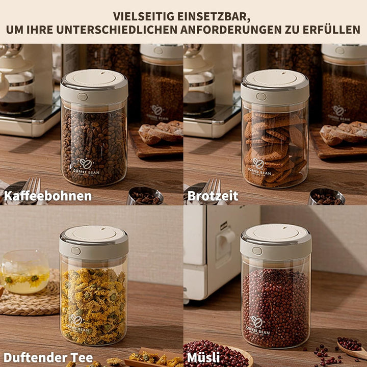 Glas Kaffeedose Luftdicht 370g Bohnen Kaffeebohnen Behälter Kaffeebehälter Kaffee Vakuumbehälter 1,1